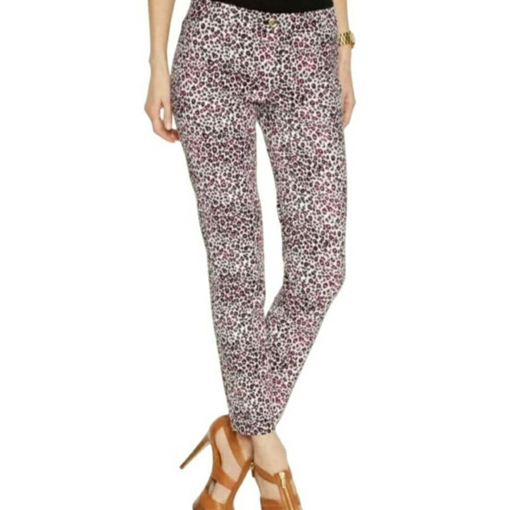 Michael Kors Black, Pink, White Mini Leopard Print, Skinny Ankle, Pants, 14, EUC